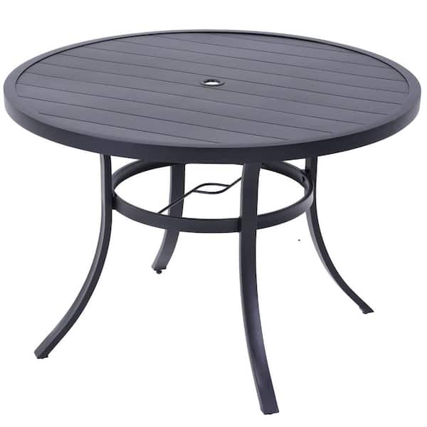 Mondawe Round Composite Outdoor Dining Table Black Embossed Woodgrain Side Table with Umbrella Hole