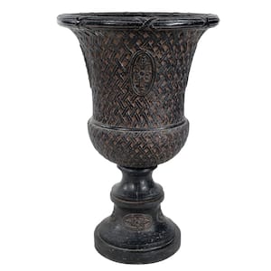 28 in. H Aged Charcoal Cast Stone Lattice Banded Urn