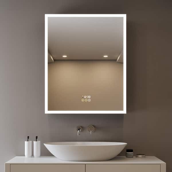 HBEZON Flora 24 in. W x 30 in. H Rectangular Aluminum LED Dimmable Medicine Cabinet with Mirror, Interior Lighting, Left Hinge