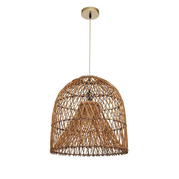 ELE Light & Decor Caspian 60-Watt 1-Light Brass Natural Rattan Pendant Light Shade Coastal Interior Bohemian Hanging Light