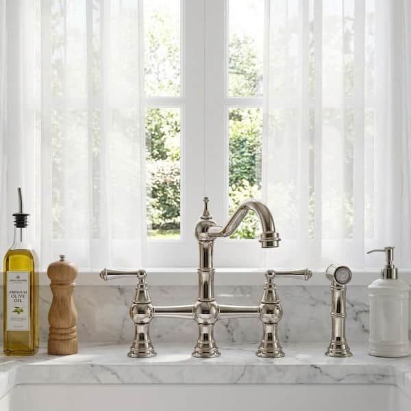 Antique Design Double Handle Bridge Kitchen Faucet with Side Sprayer in Polished Nickel