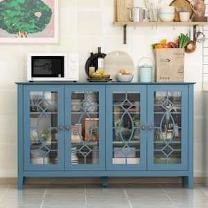 Modern Blue Wood Buffet Sideboard with Storage Cabinet, Glass Doors, and Adjustable Shelves for Kitchen Dining Room