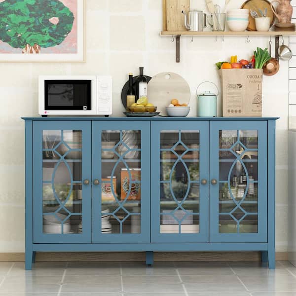 FUFU&GAGA Modern Blue Wood Buffet Sideboard with Storage Cabinet, Glass Doors, and Adjustable Shelves for Kitchen Dining Room