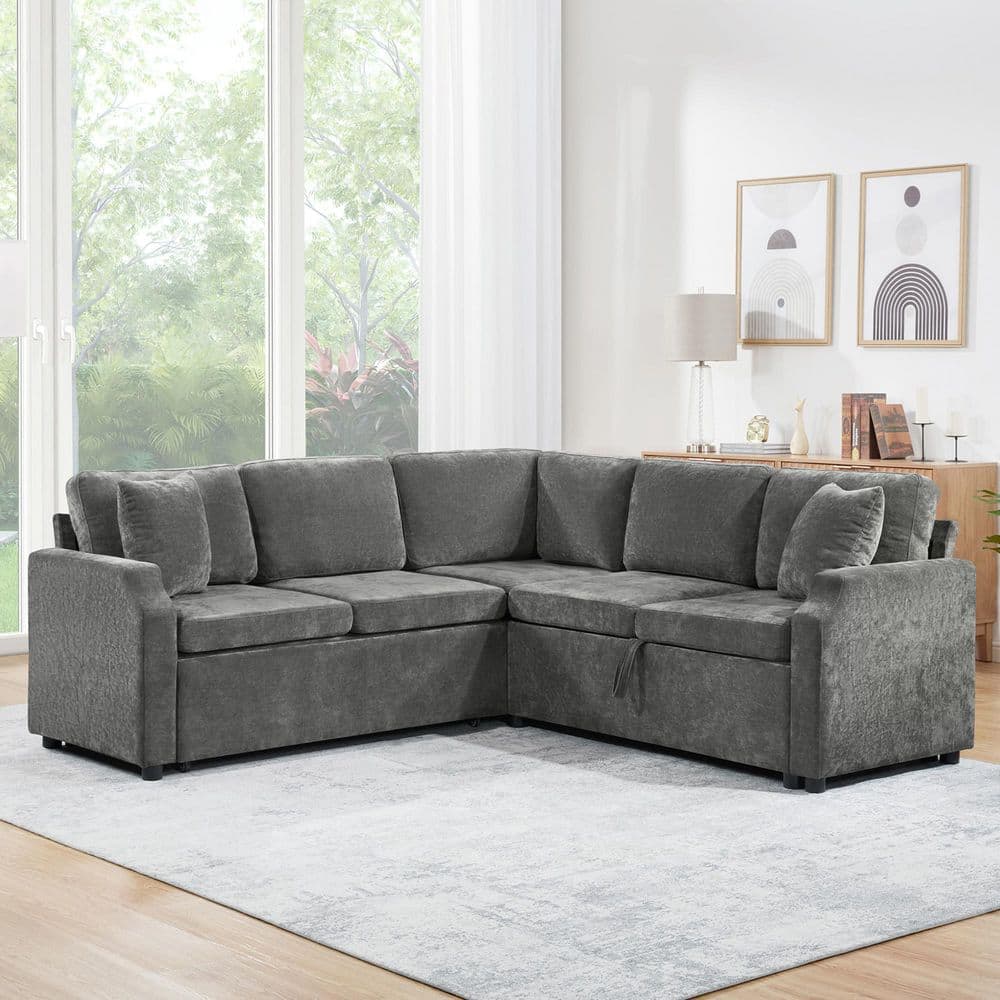 81.9 in. Slope Arm Chenille Sectional Sofa with a Sofa Sleeper and a Hidden Storage Compartment in. Gray
