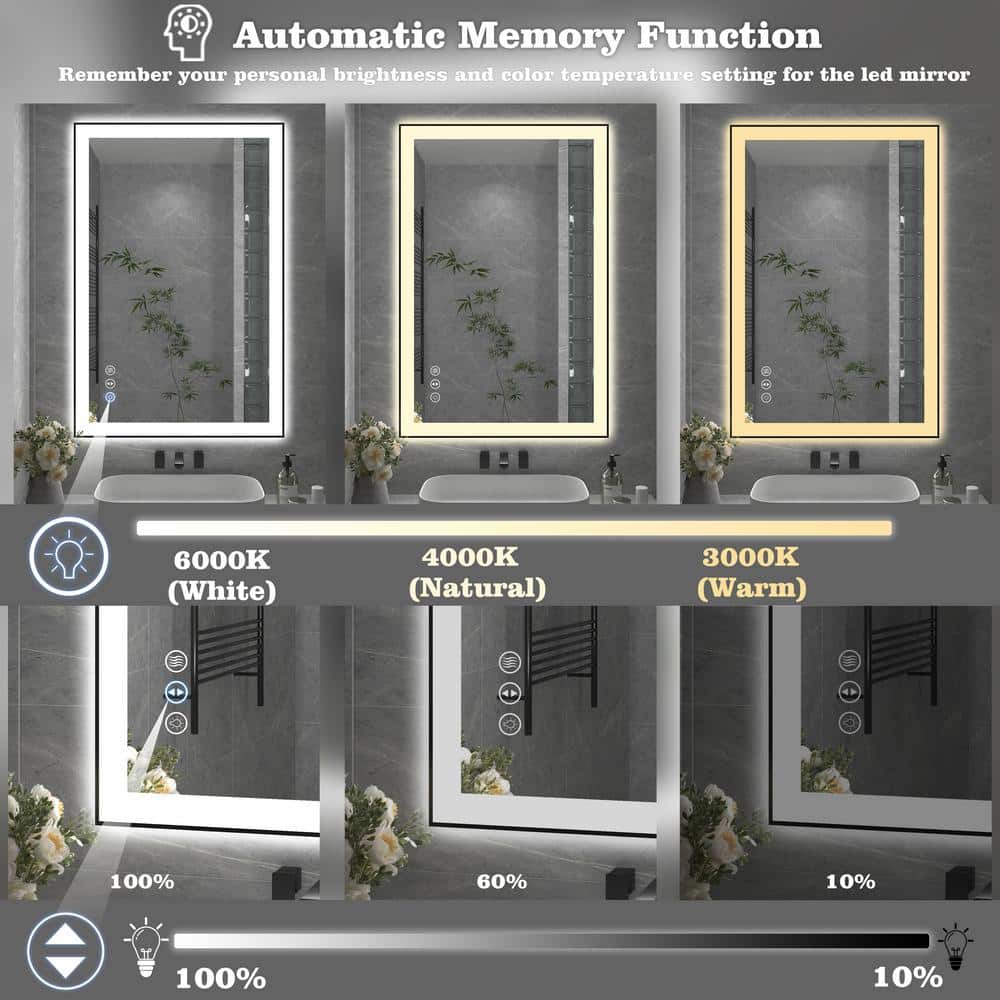 24x36 Inch Black Aluminum LED Vanity Mirror with Anti-Fog