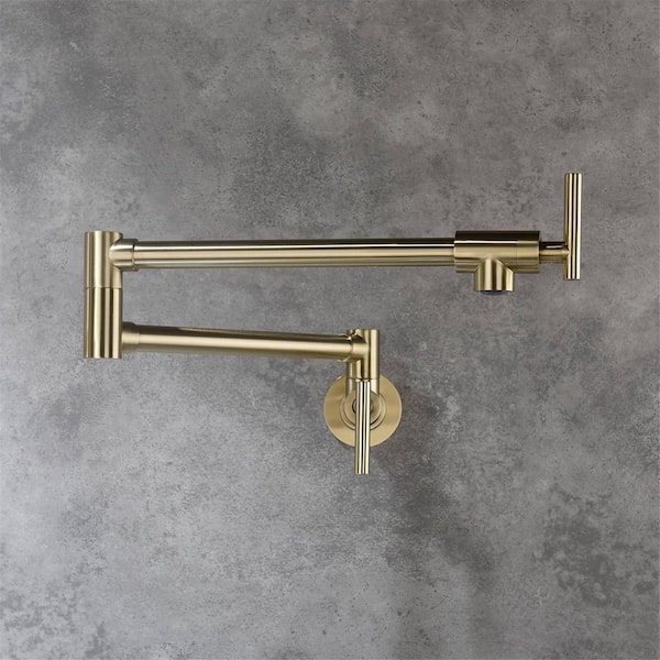 FLG Wall Mounted Pot Filler Double Handle Kitchen Faucet Modern Countertop Retractable 1 Hole Commercial Tap in Brushed Gold