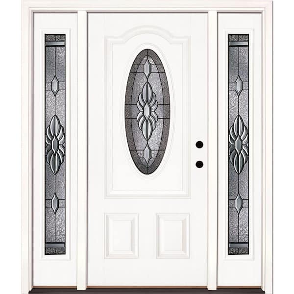 Feather River Doors 63.5 in.x81.625 in. Sapphire Patina 3/4 Oval Lite Unfinished Smooth Left-Hand Fiberglass Prehung Front Door w/Sidelites
