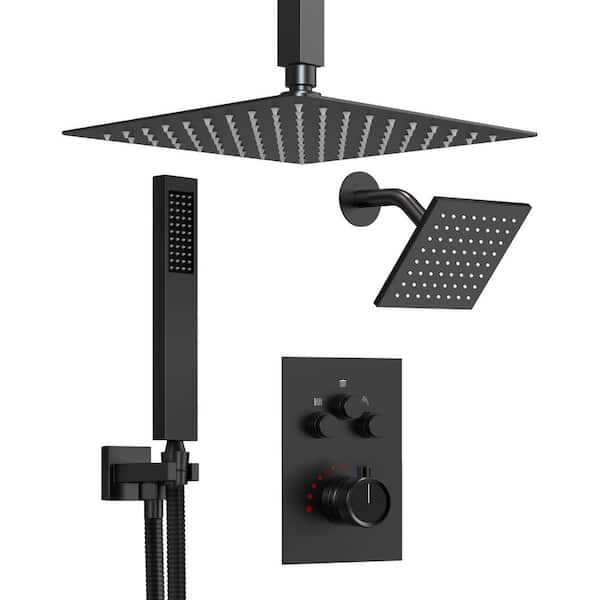 Multiple Press 7-Spray Ceiling Mount Anti Scald 12 in. Dual Fixed and Handheld Shower Head in Matte Black Valve Included
