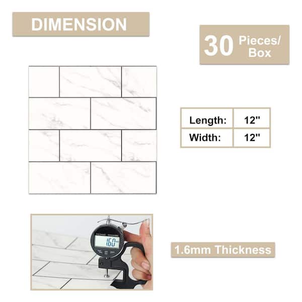 12 in. x 12 in. Vinyl Peel and Stick Backsplash Tile, Wall Subway Tile in White for Kitchen and Bathroom (30-Pack)