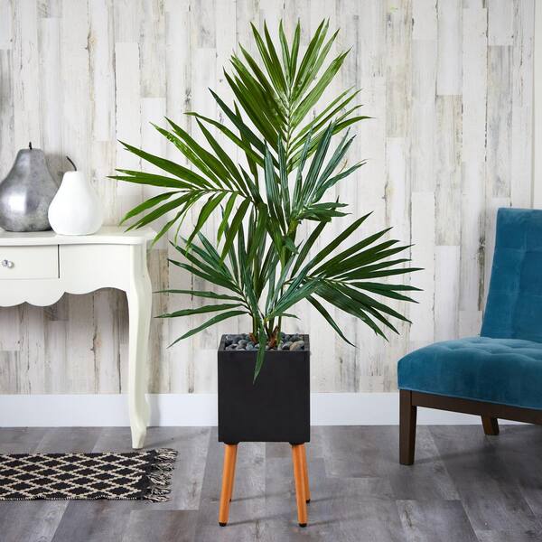 Nearly Natural 64 in. Kentia Artificial Palm Tree in Black Planter with Stand