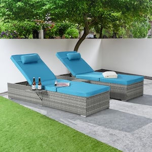2-Piece Patio Outdoor Chaise Lounge Chairs, Gray Rattan Reclining Chair Pool Sunbathing Recliners with Lake Blue Cushion