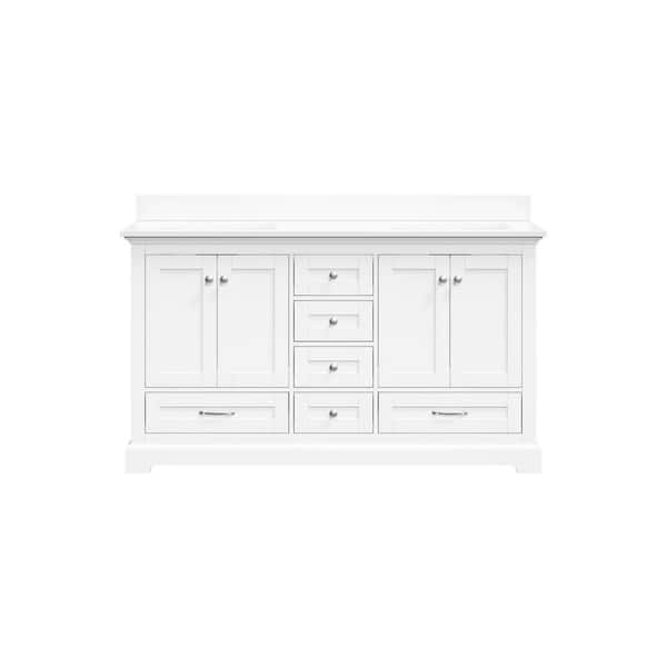 Fully Assembled 60 in. Solid Wood Freestanding Double Sink White Bath Vanity with Pure White Cultured Marble Top
