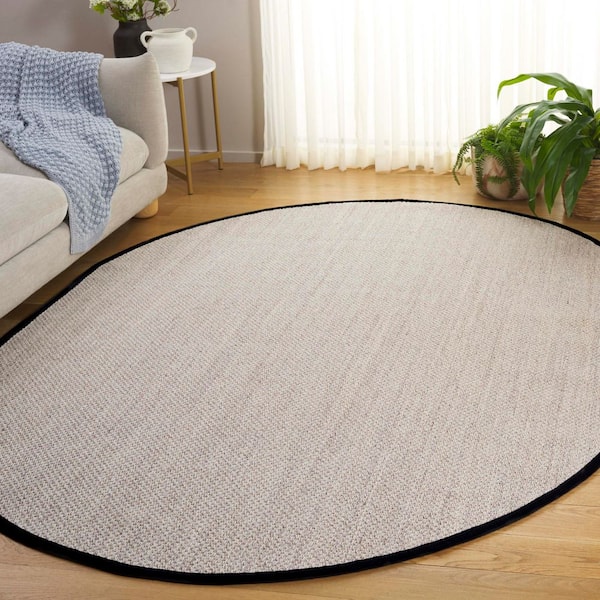 Natural Fiber Marble/Black 6 ft. x 8 ft. Woven Border Oval Area Rug