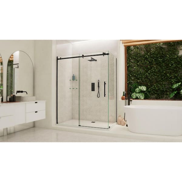 Enigma Air 60.38 in. W x 76 in. H Rectangular Sliding Frameless Corner Shower Enclosure in Matte Black with Clear Glass