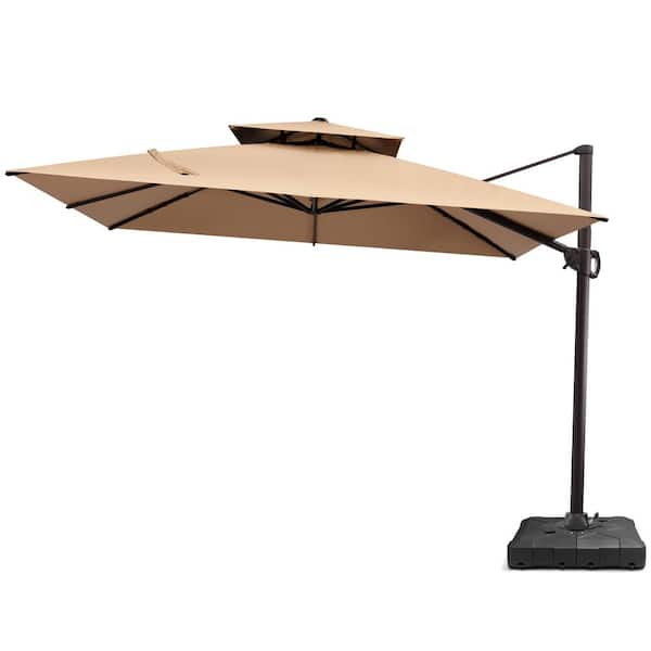 Double Top 9.5 ft. Square 360 ° Rotation Cantilever Patio Umbrella in Tan with 220 lbs Umbrella Base
