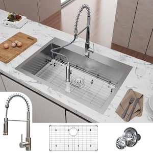 33 in. Drop-In/Undermount Single Bowl 18 Gauge Gunmetal Sliver Stainless Steel Kitchen Sink with Faucet and Bottom Grids