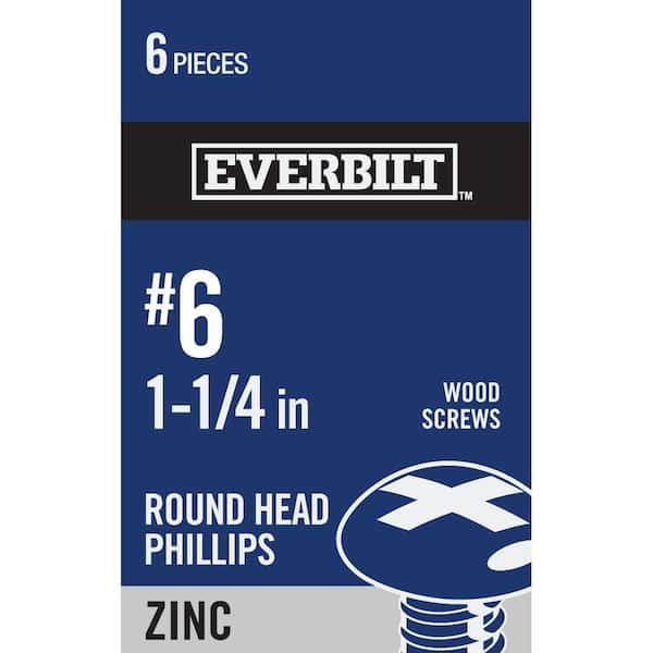 Everbilt #6 x 1-1/4 in. Zinc Plated Phillips Round Head Wood Screw (6-Pack)