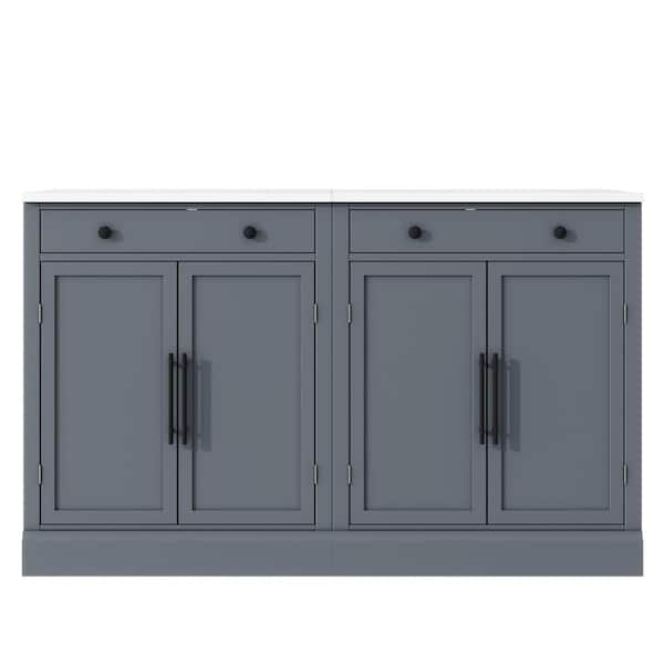 2 Set Gray Wood Pantry Organizer with Drawer, 2-Adjustable Shelves and 2-Door Shelves