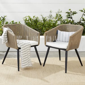 Set of 2 Indoor Outdoor Patio Dining Chairs Woven Wicker Seating Set - Natural/Ivory