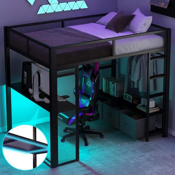Black Full Size Metal Gaming Loft Bed with LED, Desk, Shelf, Open Wardrobe and 3-Linen Storage Drawers