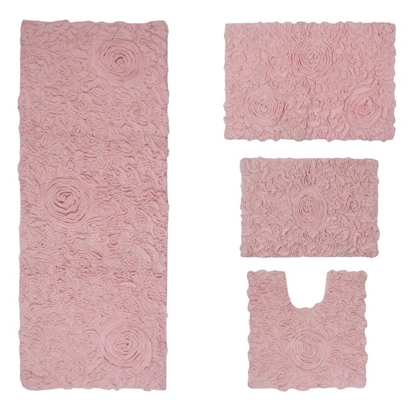 Bell Flower Collection 100% Cotton Tufted Bath Rug, 4-Pcs Set with Contour, Pink