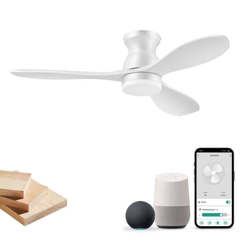 42 in. Modern Wood Flush Mount Ceiling Fan,Solid Wood Blades,Dimmable,Voice via Alexa/APP/Remote,Indoor/Outdoor,White