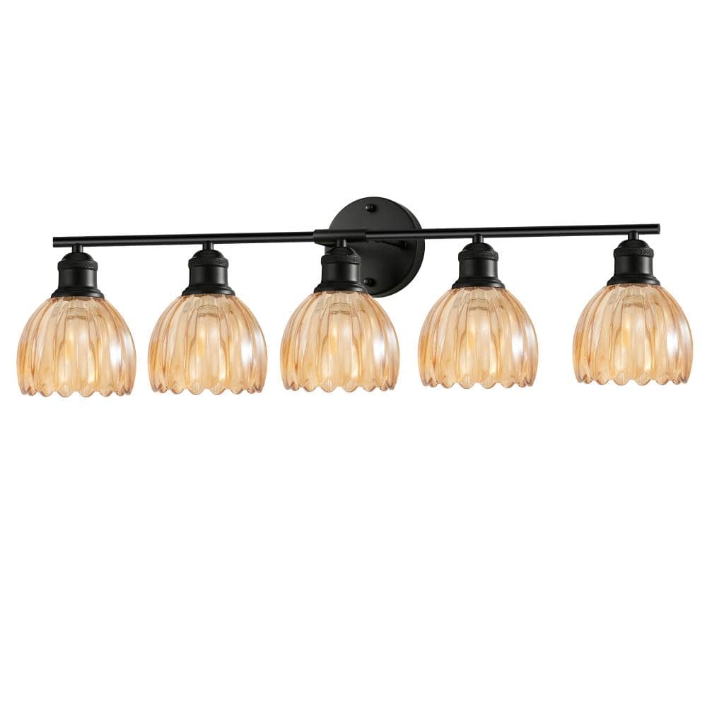 33 in. 5-Light Matte Black Vanity Light Wall Light Over Mirror with Amber Tulip Glass Shade price history on PriceWatchPro