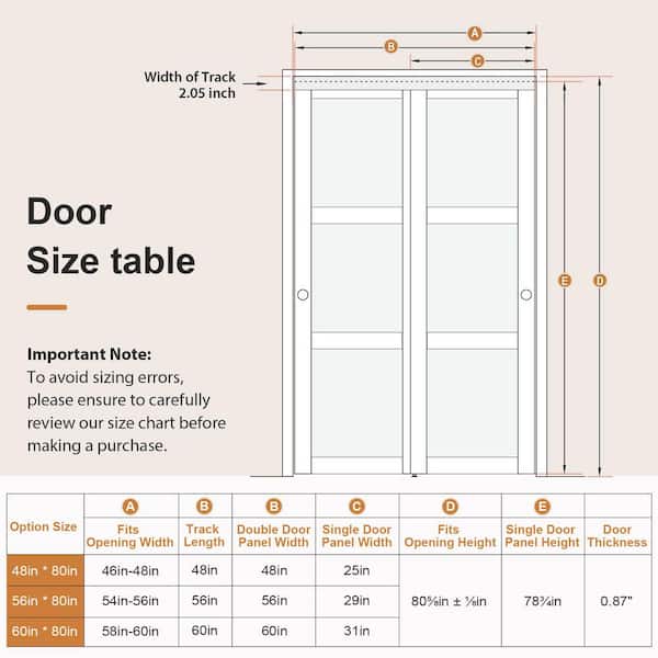 56 in. x 80 in. 3-Lites Frosted Glass Preassembled White MDF Sliding Door with Bypass Hardware Kit