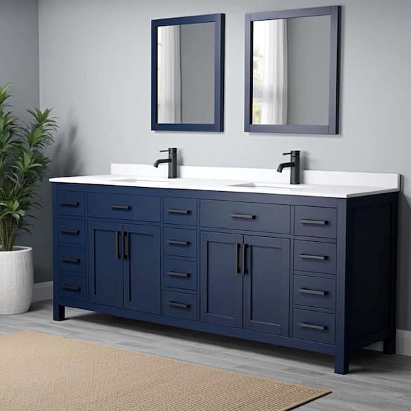 Beckett 84 in. W x 22 in. D x 35 in. H Double Sink Bathroom Vanity in Dark Blue with White Cultured Marble Top