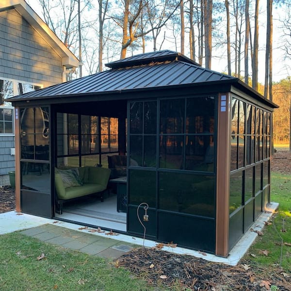 12ft. x 14ft. Sunroom Hardtop Gazebo Solarium Galvanized Steel Double Roof Aluminum PC Mesh Screen House Backyard Brown