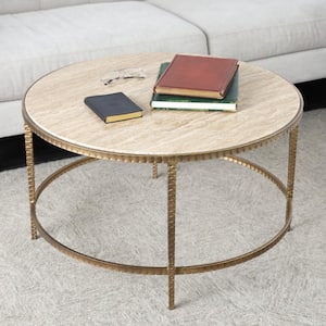31 in. Gold Medium Round Marble Coffee Table with Gold Metal Legs