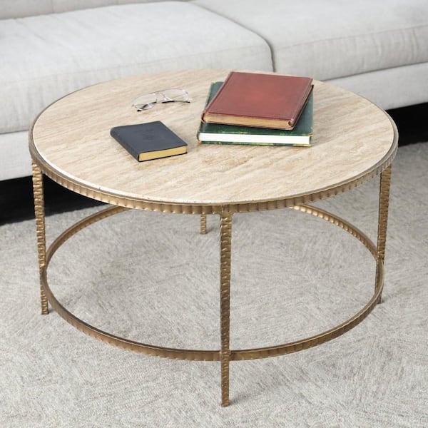 Litton Lane 31 in. Gold Medium Round Marble Coffee Table with Gold Metal Legs