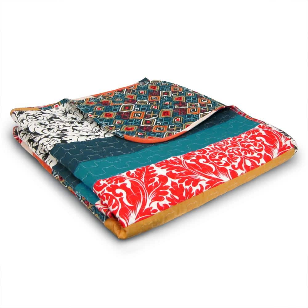 Boho Stripe Turquoise and Tangerine Reversible Cotton Throw Blanket