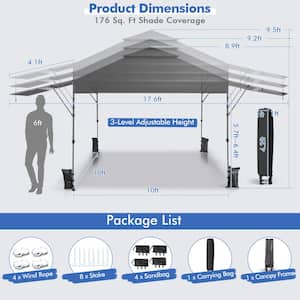 10 ft. x 17.6 ft. Gray Outdoor Instant Pop-up Canopy Tent Dual Half Awnings Adjust Patio