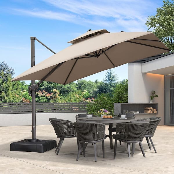 PURPLE LEAF 10 ft. Square Double Top Aluminum Rotation Outdoor Cantilever Patio Umbrella with Base, Ash Mocha