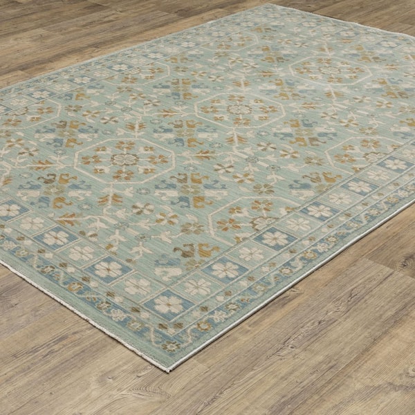Maco Blue/Gray 10 ft. x 13 ft. Geometric Floral Polypropylene Fringe-Edge Indoor Area Rug