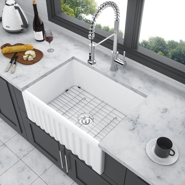 Staykiwi 24 in. Farmhouse Single Bowl White Ceramic Kitchen Sink with Bottom Grids