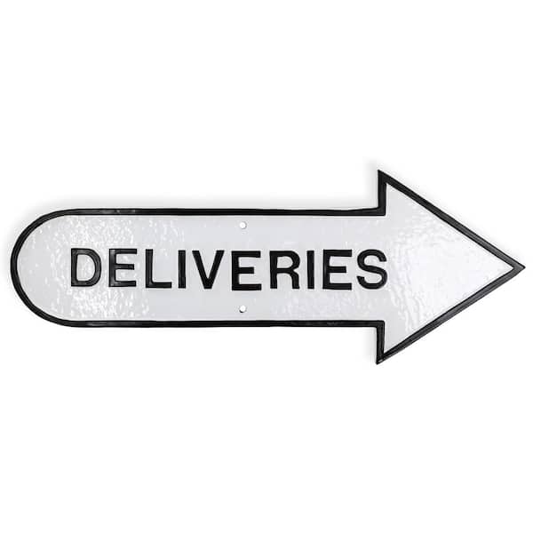 Montague Metal Products 6 in. x 15.5 in. Right Arrow Deliveries Statement Plaque Sign-White/Black