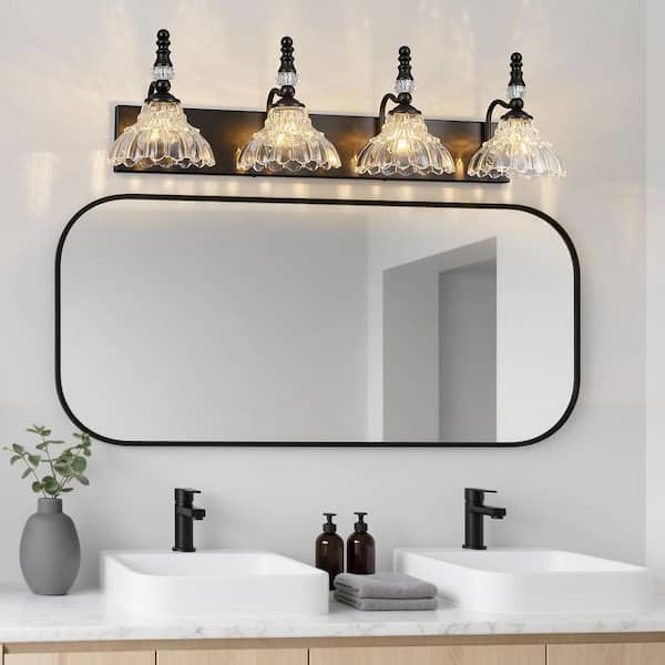 Home Lighting 30.71 in. 4-Light Black Vintage Bathroom Vanity Light with Flower Glass Shade Over Mirror for Bathroom