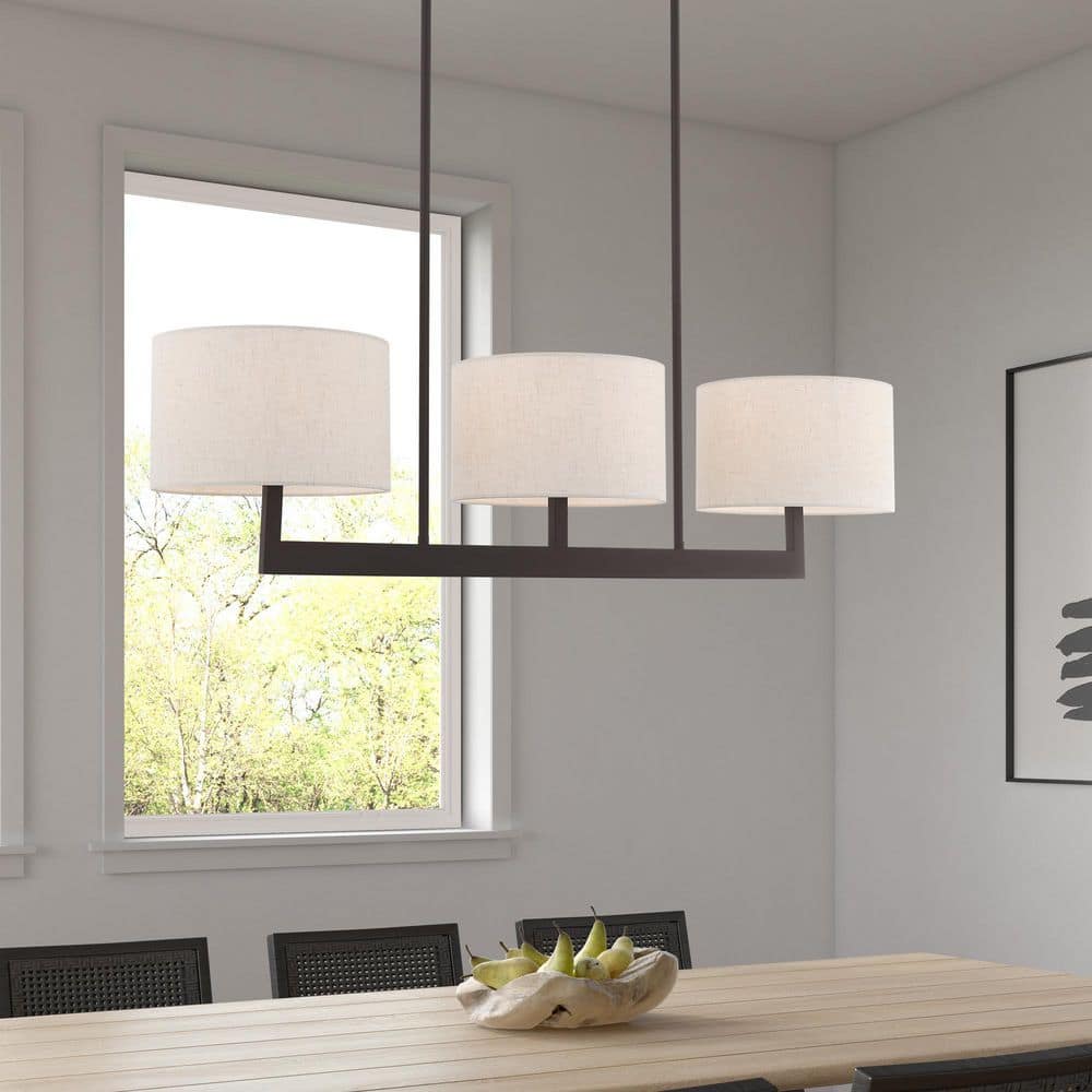 Contemporary Bronze 3-Light Chandelier with Oatmeal Fabric Shade