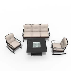 Nicole Black 4-Piece Aluminum Patio Conversation Set with Fire Pit Table and 3-Seater Sofa with Beige Cushions