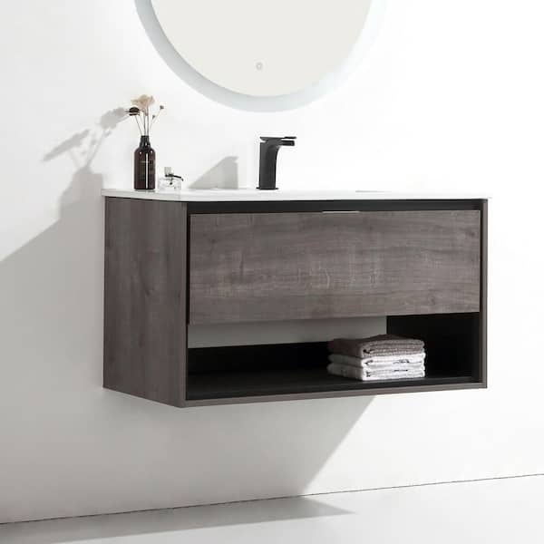 tunuo 36 in. W x 18.3 in. D x 20.3 in. H Wall Mount Bath Vanity in Plaid Gray with White Ceramic Top with White Basin