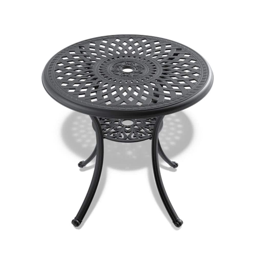 Misopily 30.71 in. Round Cast Aluminum Black Outdoor Patio Dining Table with Umbrella Hole