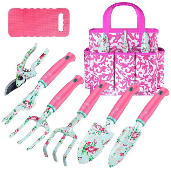 8-Piece Garden Tool Set Heavy Duty Floral Kit with Tote Bag Kneeling Pad Pruning Shears Rose Red for Women