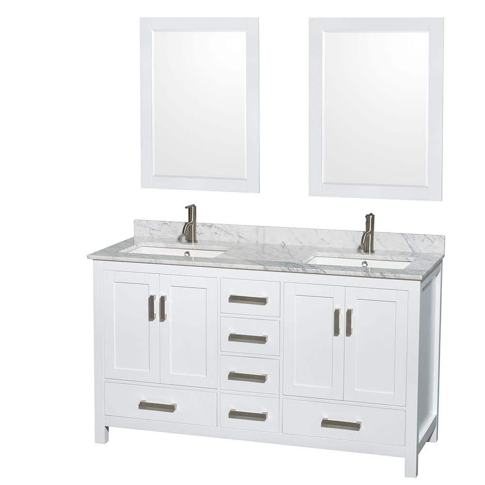 "Sheffield 60 in. W x 22 in. D x 35 in. H Double Bath Vanity in White with White Carrara Marble Top and 24"" Mirrors" price history on PriceWatchPro