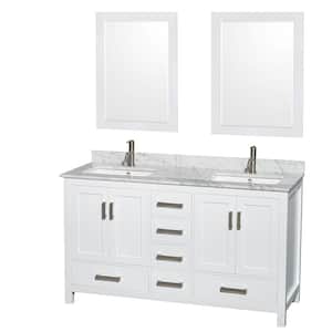 Sheffield 60 in. W x 22 in. D x 35 in. H Double Bath Vanity in White with White Carrara Marble Top and 24" Mirrors