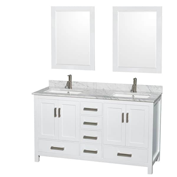 Wyndham Collection Sheffield 60 in. W x 22 in. D x 35 in. H Double Bath Vanity in White with White Carrara Marble Top and 24" Mirrors