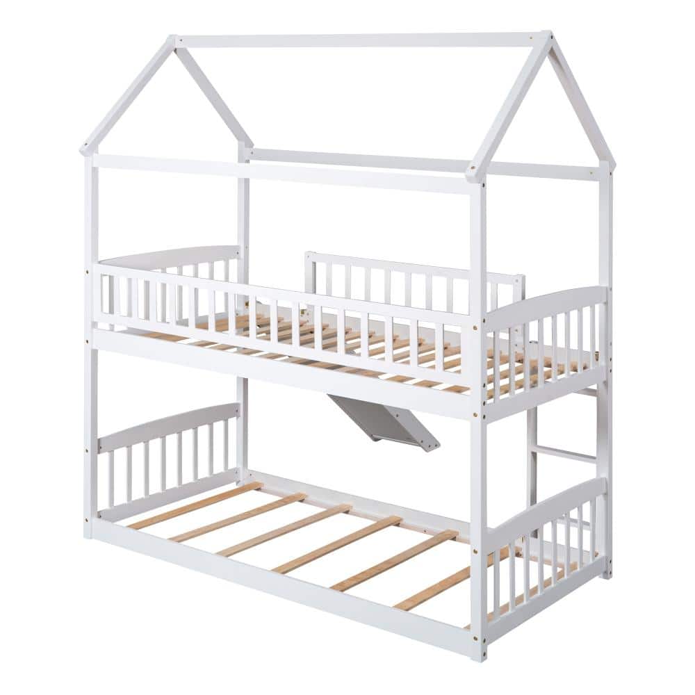 White Twin Over Twin Bunk Bed with Slide, House Bed Design, Solid Pine Wood Frame durable construction price history on PriceWatchPro