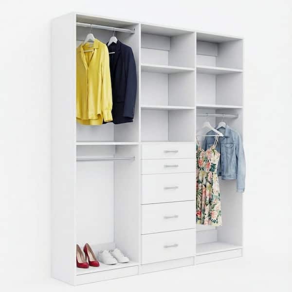 Alto Collection 69 in. W White Wall Mounted Double Hang, 5-Drawer and Medium Hang Wood Closet System