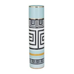 21 in. Teal Ceramic Decorative Vase with Greek Knot Pattern